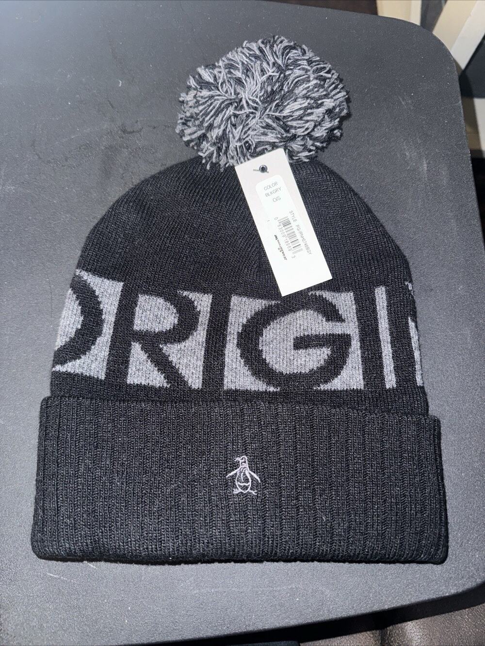 Original Penguin Mens Solid Beanie Black Gray Wool Blend Pom Pom Hat OS
